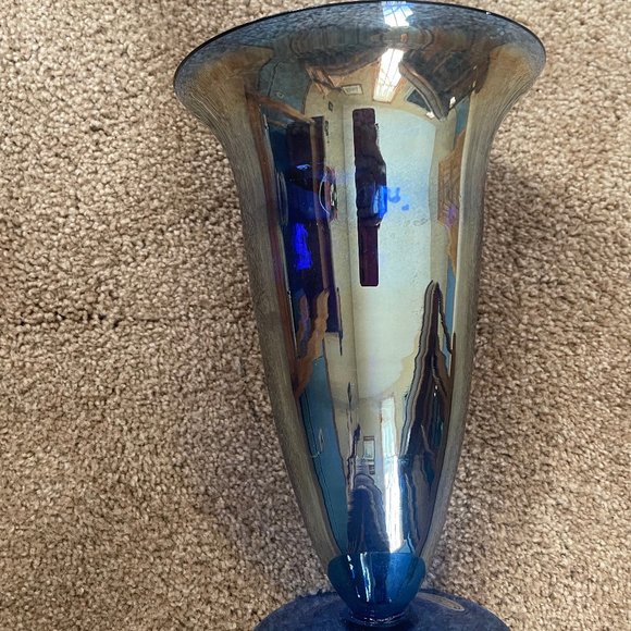 Cys Excel Blue Carnival Glass Hand Blown Vase - Picture 5 of 5